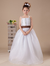 Romantic White Spaghetti Sash Satin Flower Girl Dress