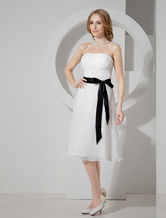 A-line Strapless Knee-Length Ivory Chiffon Sash Draped Prom Dress 