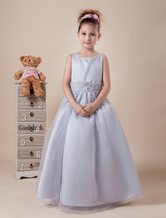 Ball Gown Jewel Neck Floor-Length Grey Organza Satin Sash Bow Dress For Flower Girl 