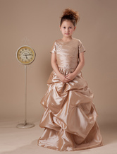 Short Sleeves Pleated Bodice Ruched Satin Flower Girl Dress