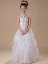White A-line Halter Satin Floor Length Flower Girl Dress