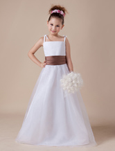 White Sleeveless Sash Spaghetti Satin Flower Girl Dress
