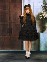 Robe Gothique de Lolita Noire Froncé Manches Longues en Coton