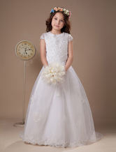Ball Gown Jewel Neck Floor-Length White Satin Dress For Flower Girl 