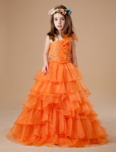 Gorgeous Orange Tulle One Shoulder Floor Length Girls Pageant Dress 