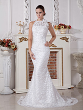 Robe de mariage A-ligne blanche en satin et dentelle à licou traîne courte