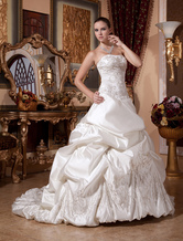 Strapless Court Train Ivory Satin Embroidered Beading Wedding Gown 