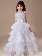 White A-line Square Satin Floor Length Flower Girl Dress