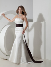 White Strapless Satin Sash Evening Gown