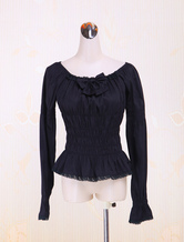 Cotton Black Long Sleeves Puff Bow Cotton Lolita Blouse