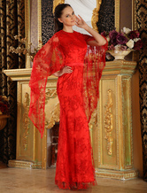 Sheath Jewel Neck Floor-Length Red Lace Beading Evening Dress 