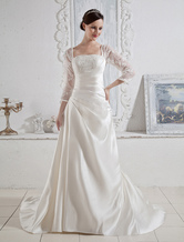 Autumn A-line Long Sleeves Beading Lace Satin Pongee Weedding Dress