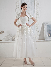 Robe de mariée d'A-ligne en blanc brillant de longueur de thé en grenadine 