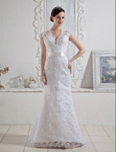 Elegant Lace White A-line Short Sleeves V-Neck Sash Beading Satin Wedding Dress