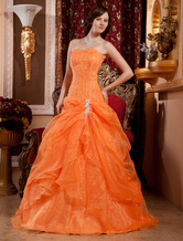 Euro Style Ball Gown Strapless Beading Satin Organza Ball Gown Dress