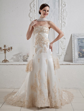 Lace A-line Strapless Empire Waist Applique Beading Satin Wedding Dress