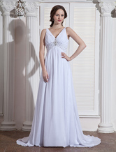 White V-Neck Empire Waist Beading Chiffon Elastic Woven Satin Wedding Dress