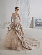 Champagne Ball Gown Sweetheart Beaded Applique Satin Organza Wedding Gown