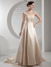 Ball Gown Square-Neckline with Beaded Embroidery Chapel Train Satin Wedding Gown