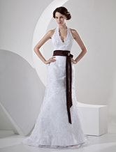 Mermaid V Neck Halter Sash Lace Satin Wedding Dress