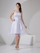 White Halter Embroidery Sash Satin Mini Wedding Dress