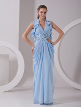 Sky Blue Chiffon Halter V-Neck Ladies Evening Dress