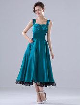 A-line Straps Neck Tea-Length Hunter Green Pleated Prom Dress 