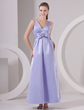 A-line V-Neck Bow Waist Floor Length Satin Evening Dresses