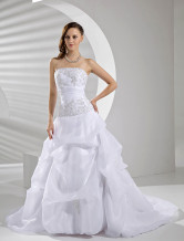 Organza Prom-Brautkleid mit Kapelle-Schleppe und Perlen-Applikation in Weiß