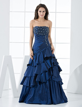 Ball Gown Strapless Royal Blue Taffeta Studded Tiered Prom Dress 