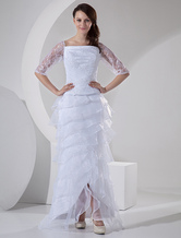 Robe de mariée de fourreau et col carré de longueur de plancher en satin avec ride 
