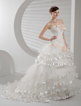 White Rococo Ball Gown Strapless Multi-Layer Net Flower Wedding Dress