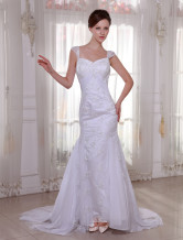 White Sheath Sweep Satin Chiffon Wedding Dress