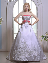 Elegant A-line Strapless Sweetheart Sash Beaded Embroidery Satin Wedding Dress