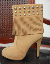 Brown 3 9/10" High Heel 4/5" Platform Tassel Flannel Womens Ankle Boots
