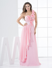A-line One-Shoulder Floor-Length Pink Chiffon Prom Dress 