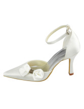 Elegant Ivory 3 1/2'' High Heel Ankle Stripes Satin Wedding Shoes