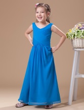 Charming Blue Chiffon Round Collar Floor Length Junior Bridesmaid Dress