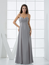 A-line V-Neck Floor-Length Silver Chiffon Sash Sequin Evening Dress 