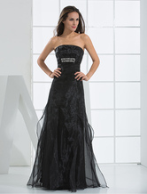 Sheath Strapless Floor-Length Black Satin Beading Evening Dress 