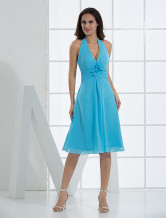 Blue Deep V-Neck Flower Pleated Satin Chiffon Summer Homecoming Prom Dress