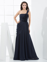 A-line One-Shoulder Floor-Length Dark Navy Chiffon Sequin Prom Dress 