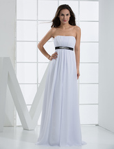 A-line Strapless Floor-Length White Sash Beading Evening Dress 