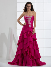 A-line Sweetheart Neck Sweep Rose Red Taffeta Tiered Applique Prom Dress 