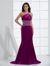 Sheath One-Shoulder Grape Elastic Woven Satin Prom Dress 