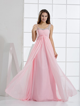 A-line Spaghetti Straps Pink Chiffon Beading Draped Prom Dress 