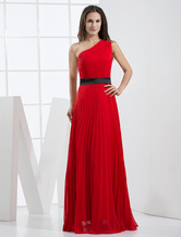 A-line One-Shoulder Floor-Length Red Chiffon Pleated Evening Dress 
