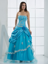 Unique Blue Net Strapless Floor Length Womens Evening Dress