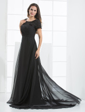 A-line Jewel Neck Floor-Length Black Chiffon Evening Dress 