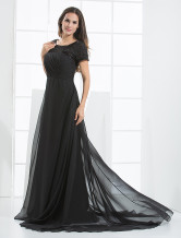 Robe de soirée noire d'A-ligne en mousseline de soie de longueur à plancher 